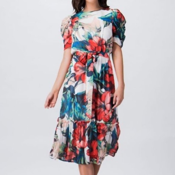 Floral puff sleeves waist tie ruffled midi dress L - Picture 3 of 16